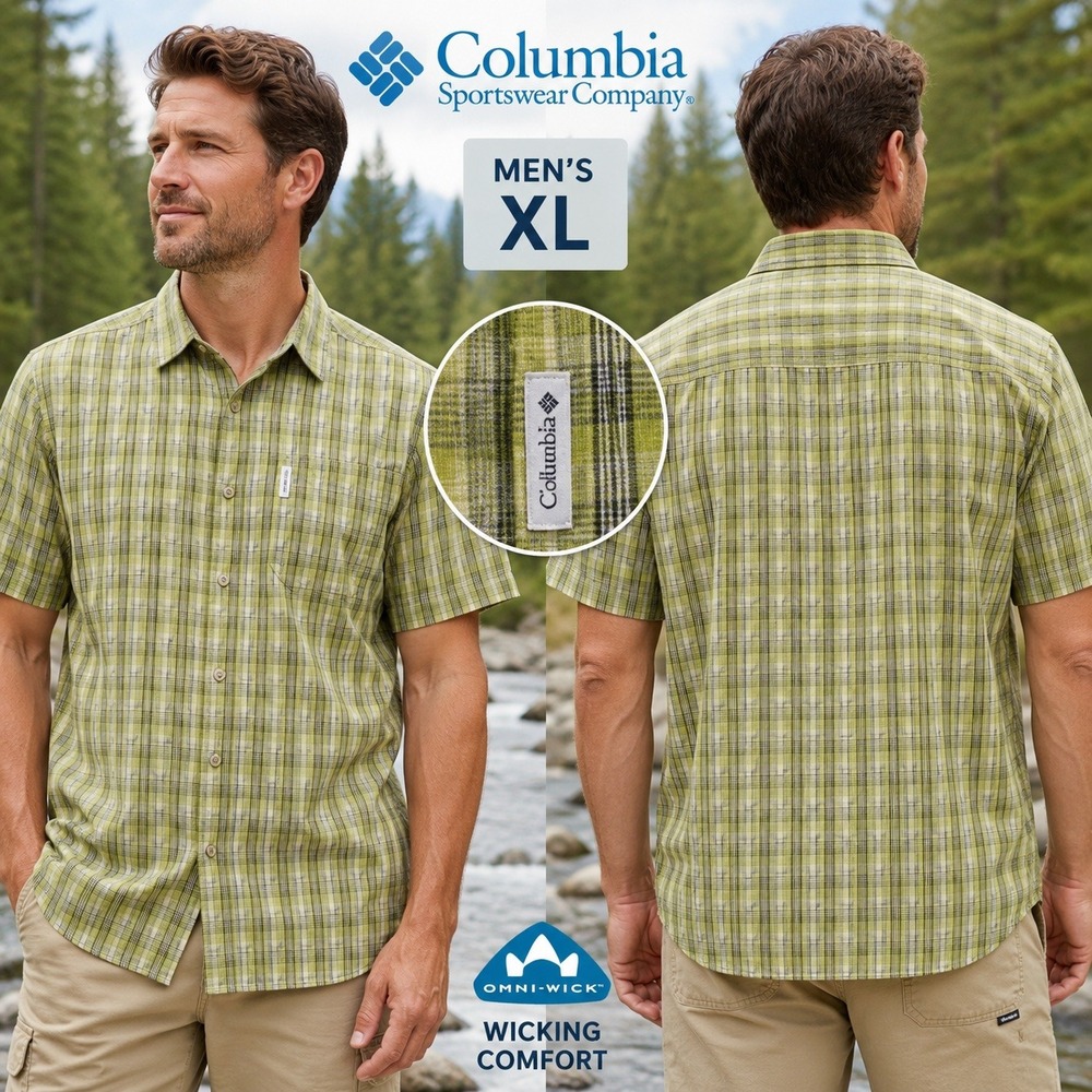 Columbia Mens‎ XL Green Plaid Hiking Fishing Button Up Shirt Outdoor